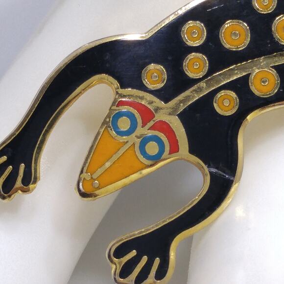 Laurel Burch Black "Lizard" Brooch, Gold Plated Cloisonne, 1980s Vintage Jewelry - Picture 3 of 10